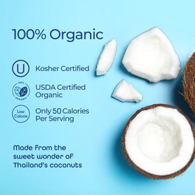 Thai Coco refrigerated 6-pack on shelf suggests freshness ready to enjoy.