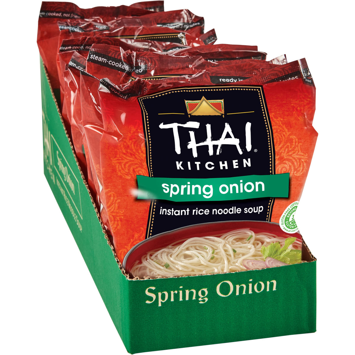 Thai Kitchen gluten free spring onion instant noodle soup pack shows a comforting, convenient meal option.