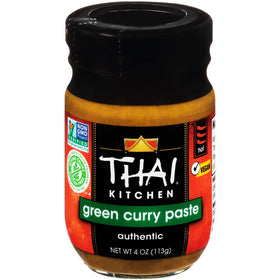 Thai Kitchen gluten free green curry paste jar front for quick Thai curries.