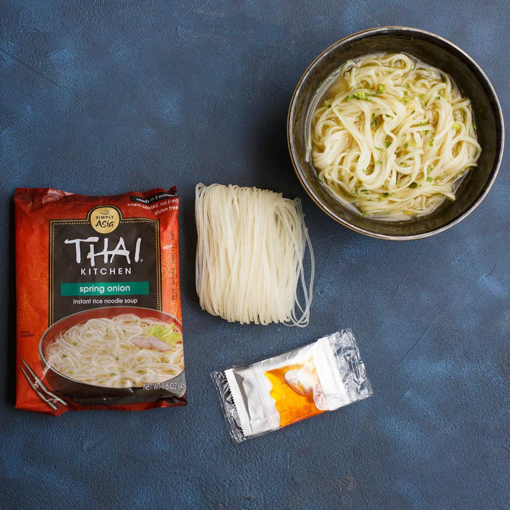 Thai Kitchen microwave-ready noodle soup bowl suggests fast, satisfying meals during busy days.