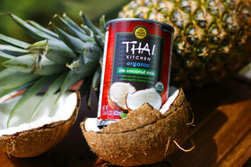 Thai Kitchen Organic Lite Coconut Milk pour highlights a low-fat, dairy-free option.