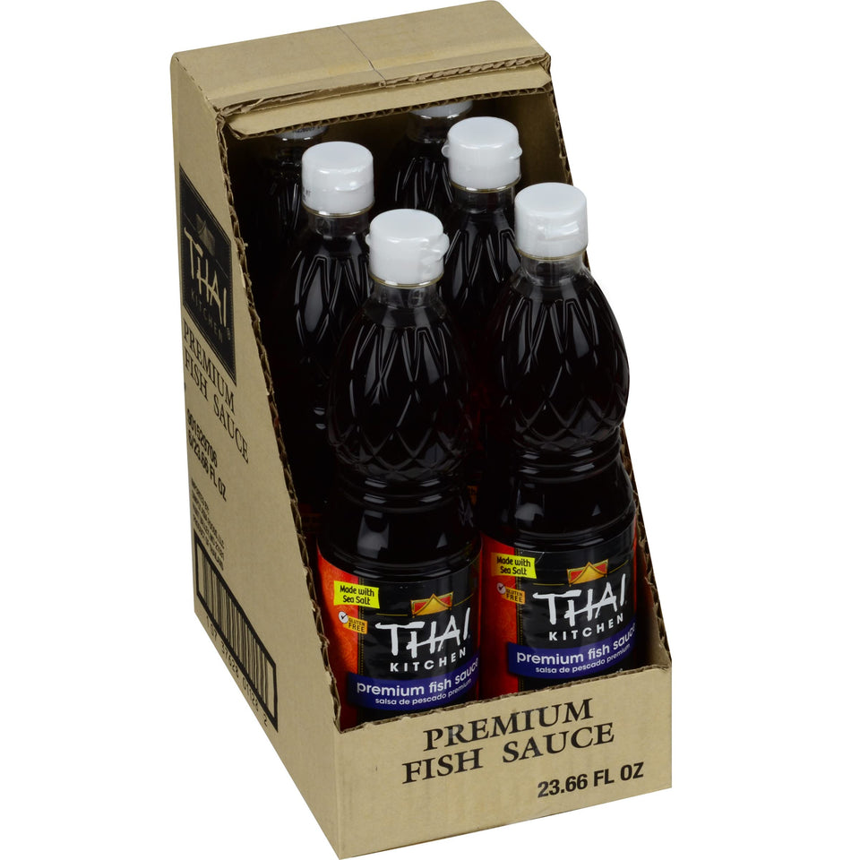Thai Kitchen Premium Fish Sauce bottle for authentic dressings and marinades.