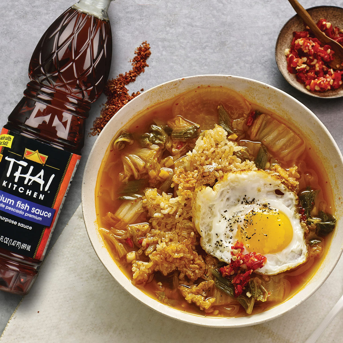 Thai Kitchen Premium Fish Sauce ingredients: anchovy, salt, water, sugar.