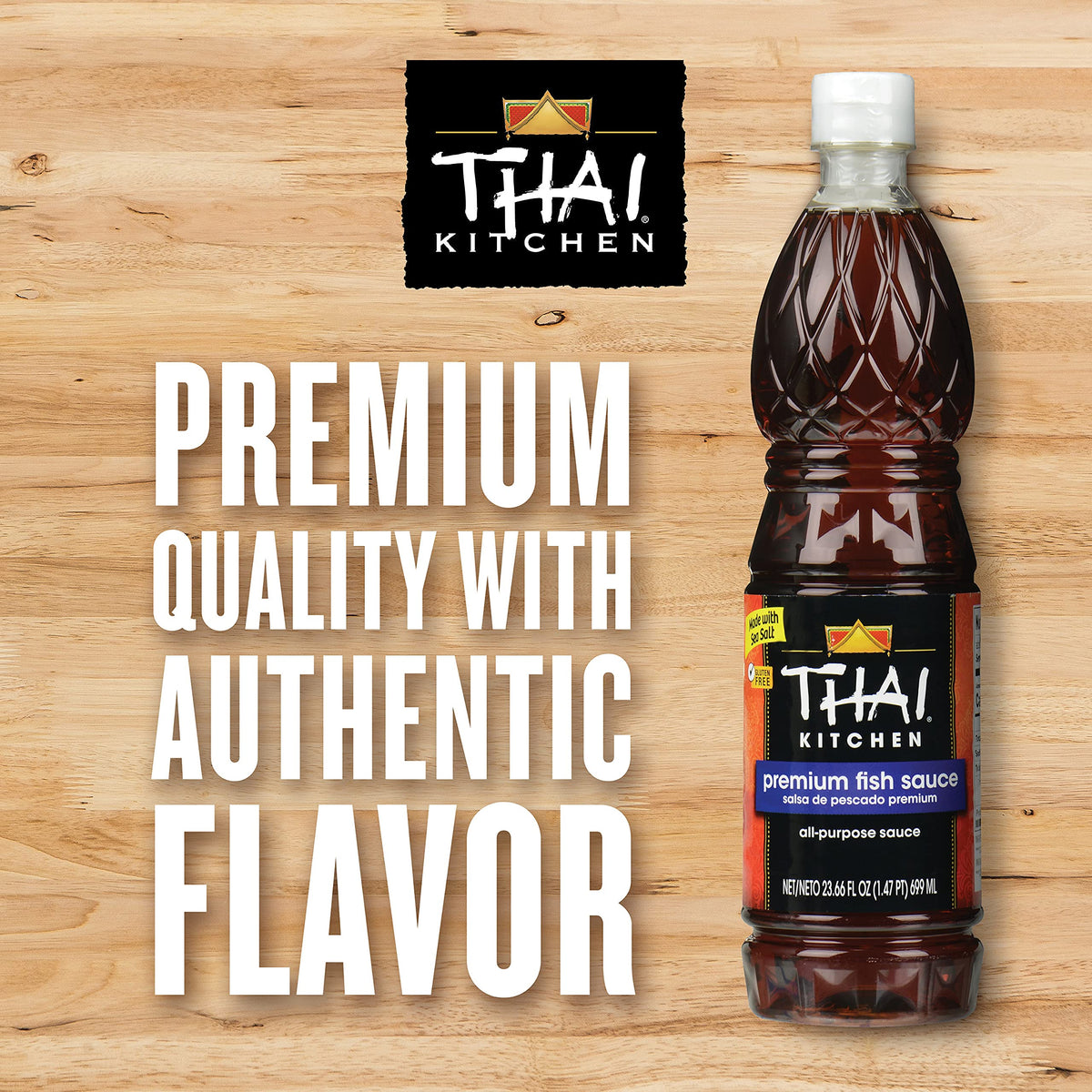 Thai Kitchen Premium Fish Sauce bottle enriches stir-fries with richness.