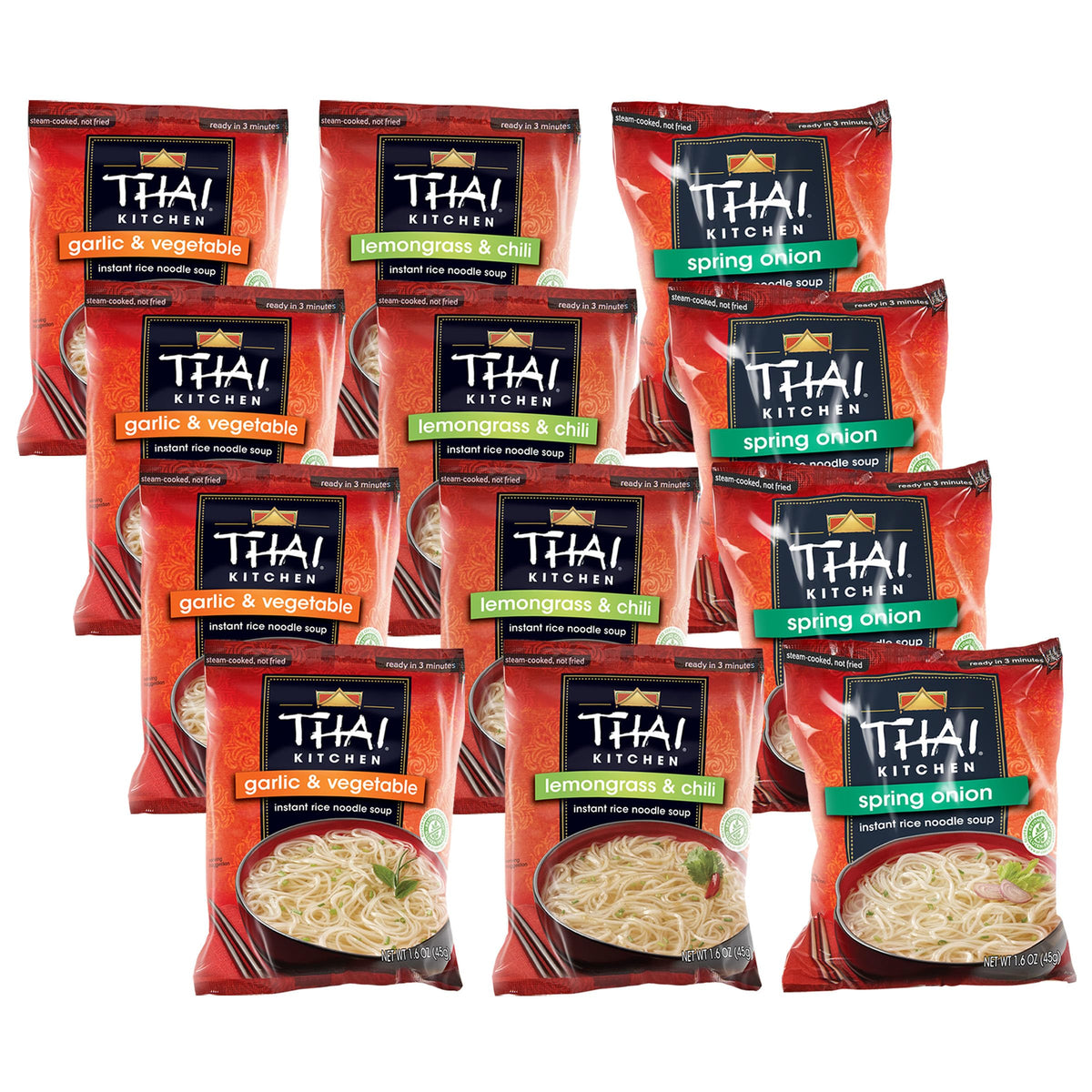Thai Kitchen variety pack 12-count image showing quick gluten-free noodle soups.