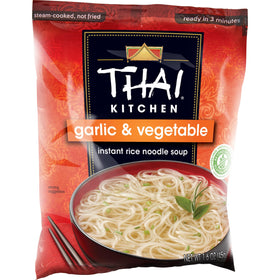 Steaming bowl highlighting garlic-ginger aroma with Thai Kitchen noodles.