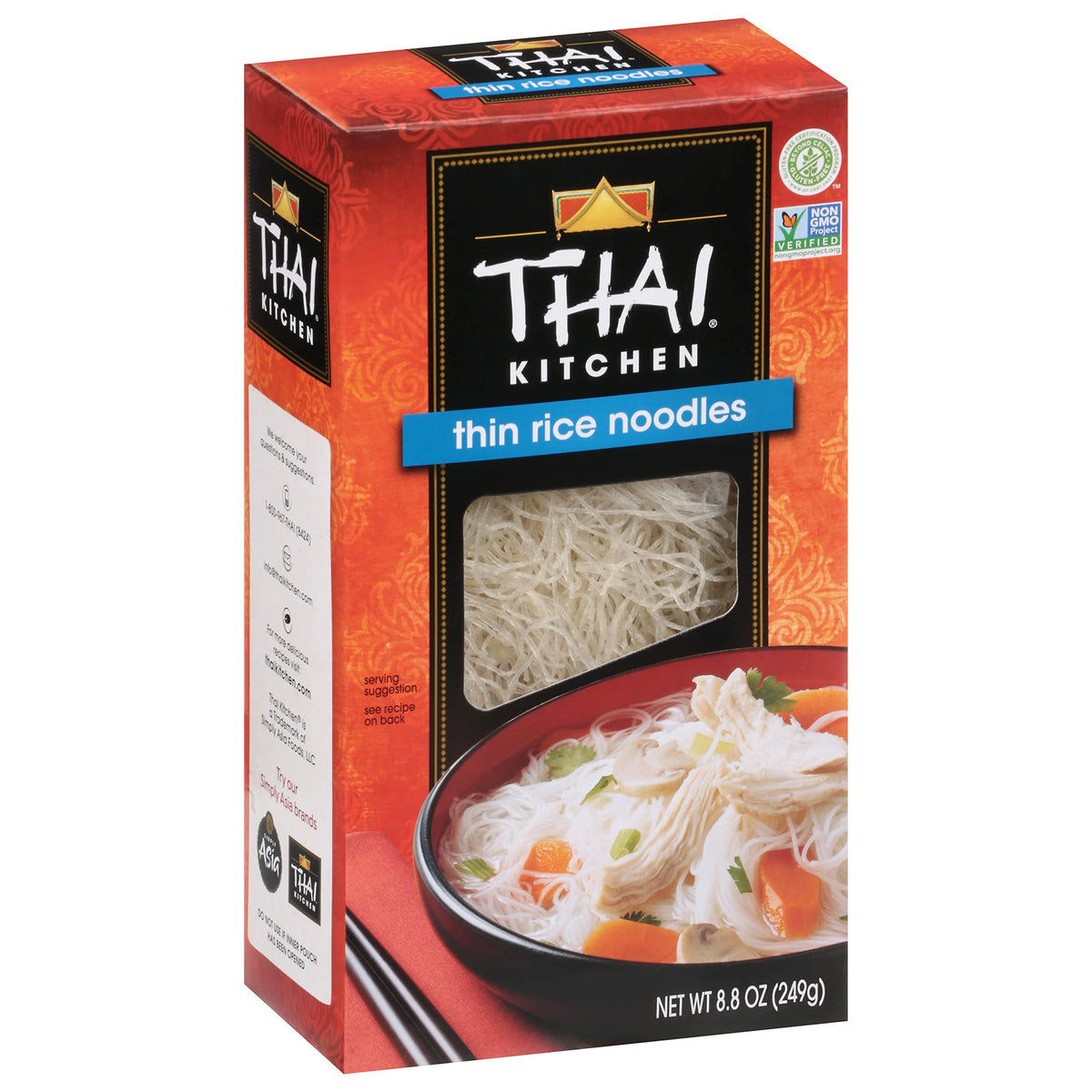 Thai Kitchen Thin Rice Noodles close-up of ingredients, vegan and gluten-free.