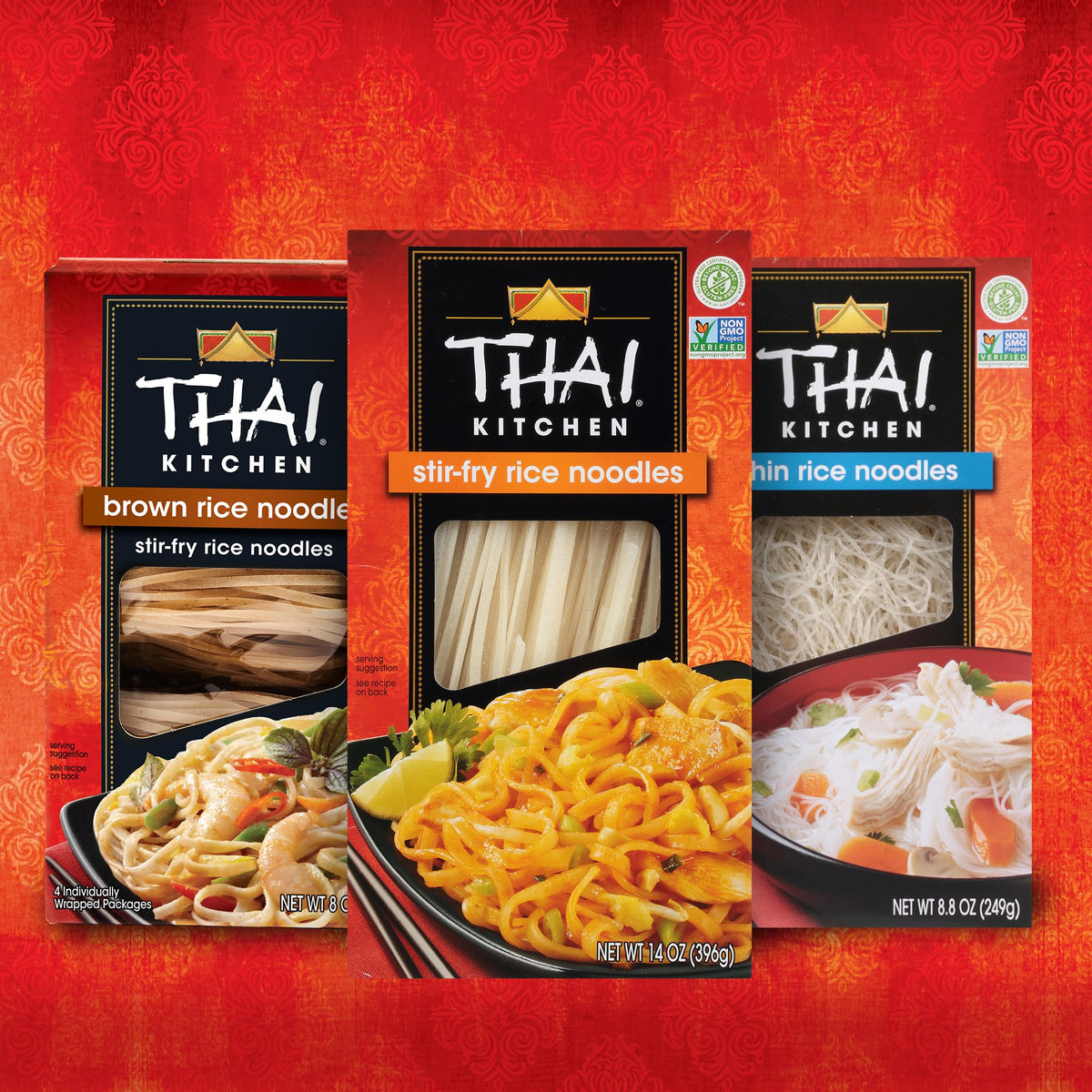 Thai Kitchen Thin Rice Noodles vegan and wheat-free, a versatile meal base.