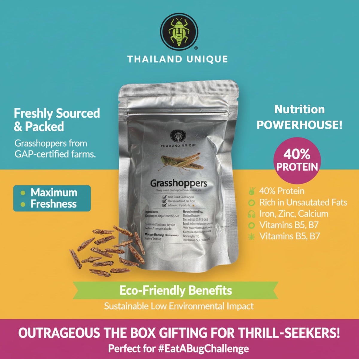 Thailand Unique grasshoppers 15g pouch, portable eco-friendly protein source