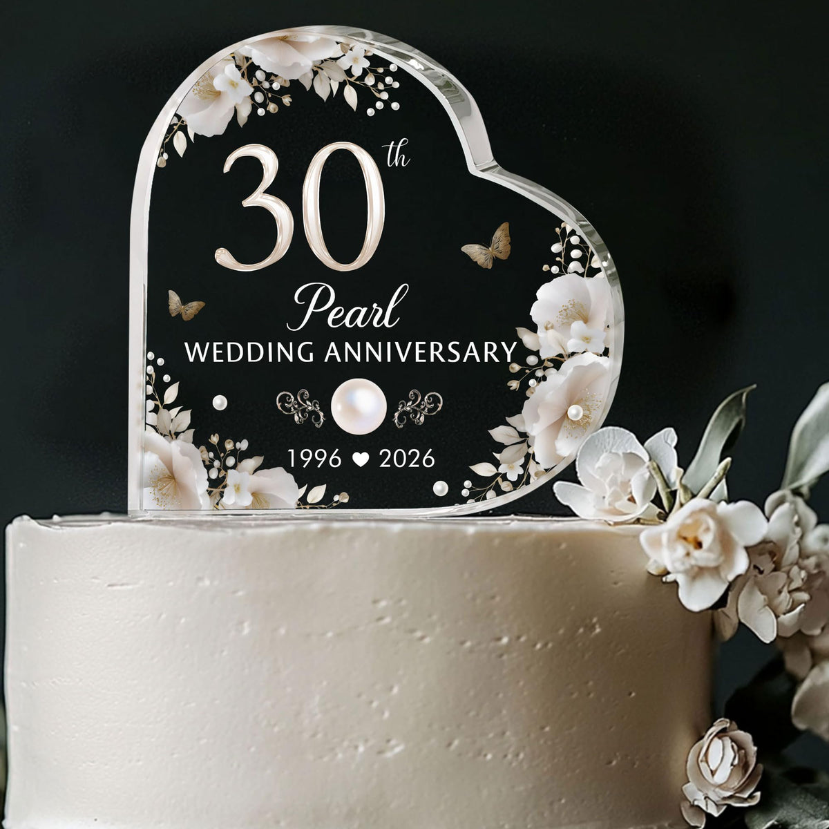 ThanhCrafCo 30th wedding topper in crystal-clear acrylic for an elegant milestone cake.
