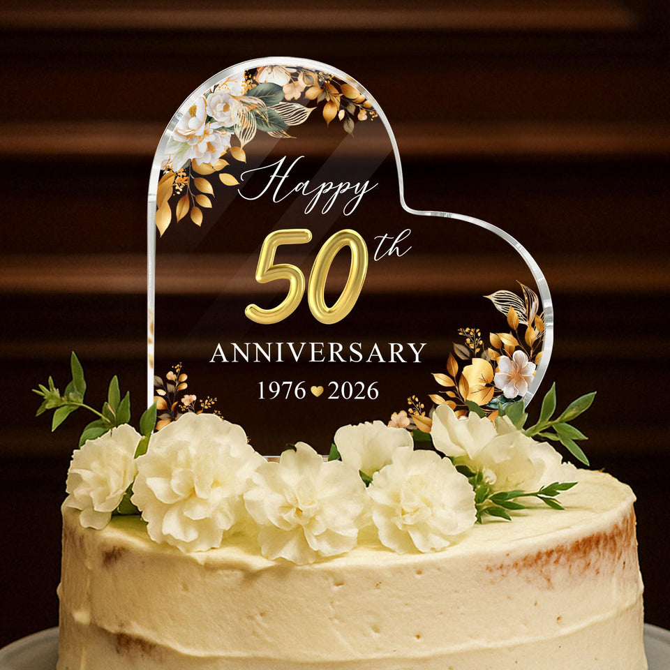 ThanhCrafCo 50th anniversary cake topper with crystal-clear acrylic for elegant celebrations.
