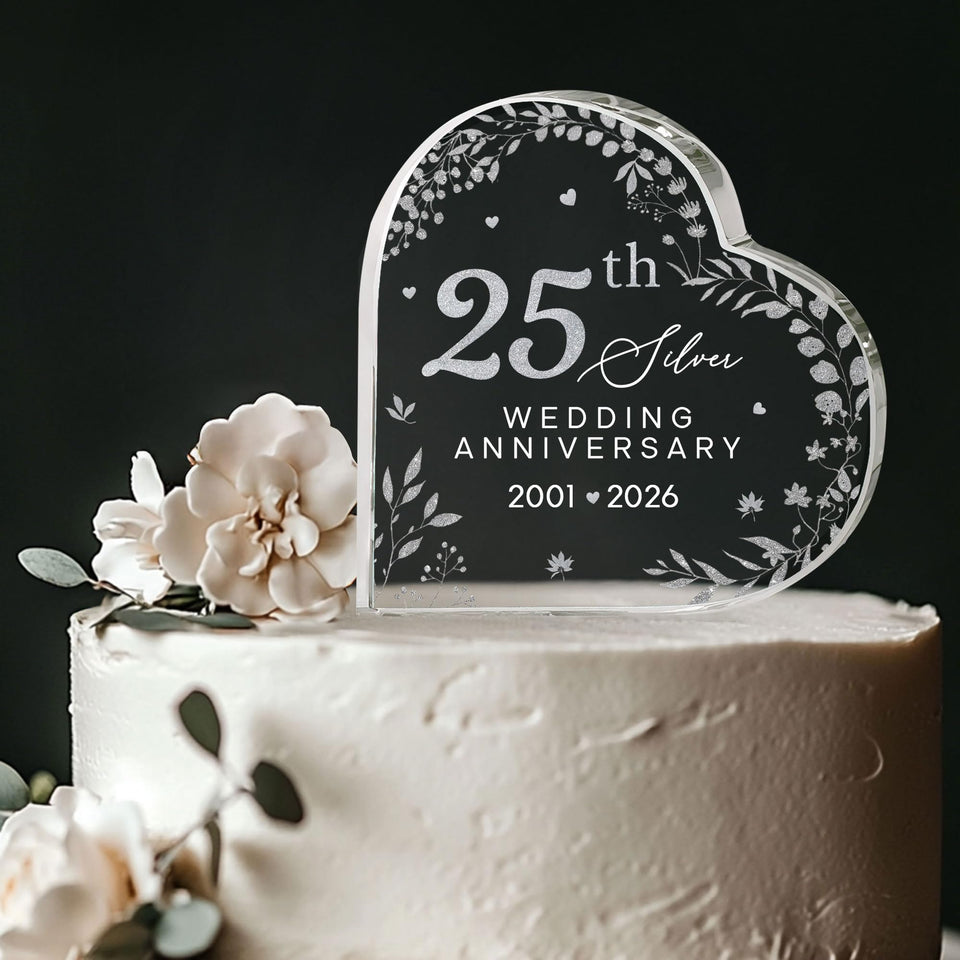 ThanhCrafCo 25th anniversary acrylic topper on a cake, adds crystal-clear shine for photos.