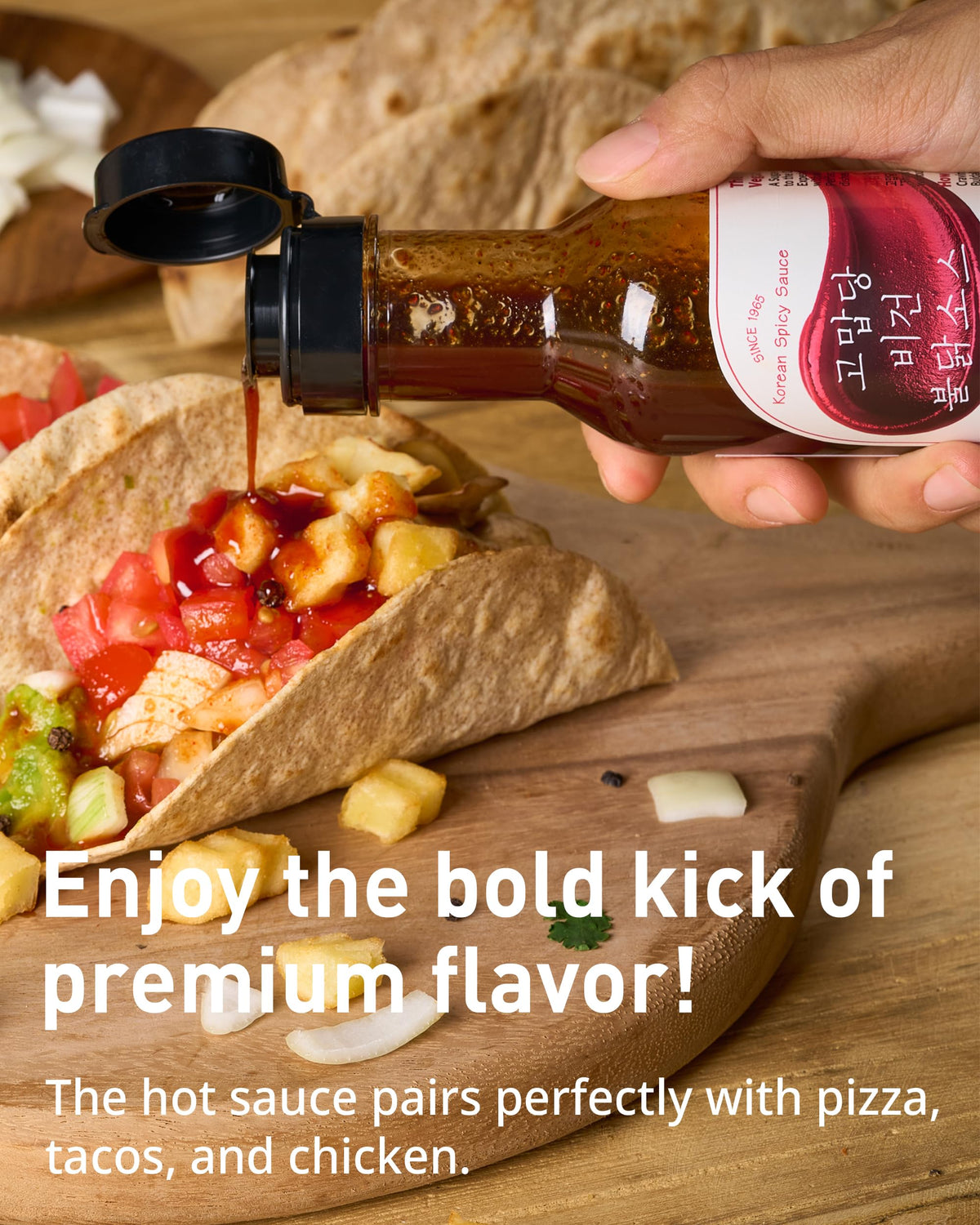 Thank-you Vegan Buldak Sauce glaze on pizzas for bold finish.