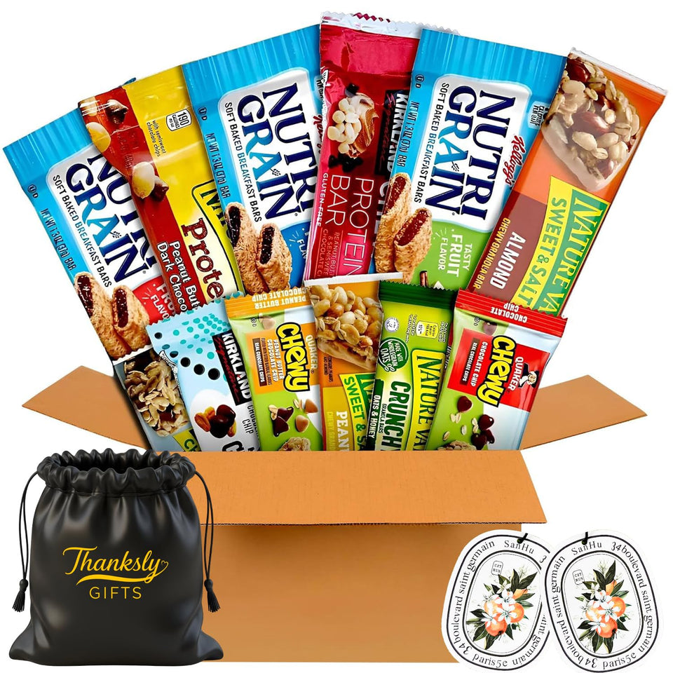THANKSLY GIFTS granola bars bulk variety display — great for family gatherings or office snack tables.