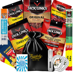 THANKSLY GIFTS ultimate beef jerky gift basket viewed front, perfect for gifting and sharing.