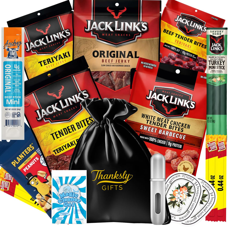 THANKSLY GIFTS ultimate beef jerky gift basket viewed front, perfect for gifting and sharing.