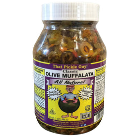 That Pickle Guy Classic Muffalata Mix jar on a shelf, ideal for sandwiches.