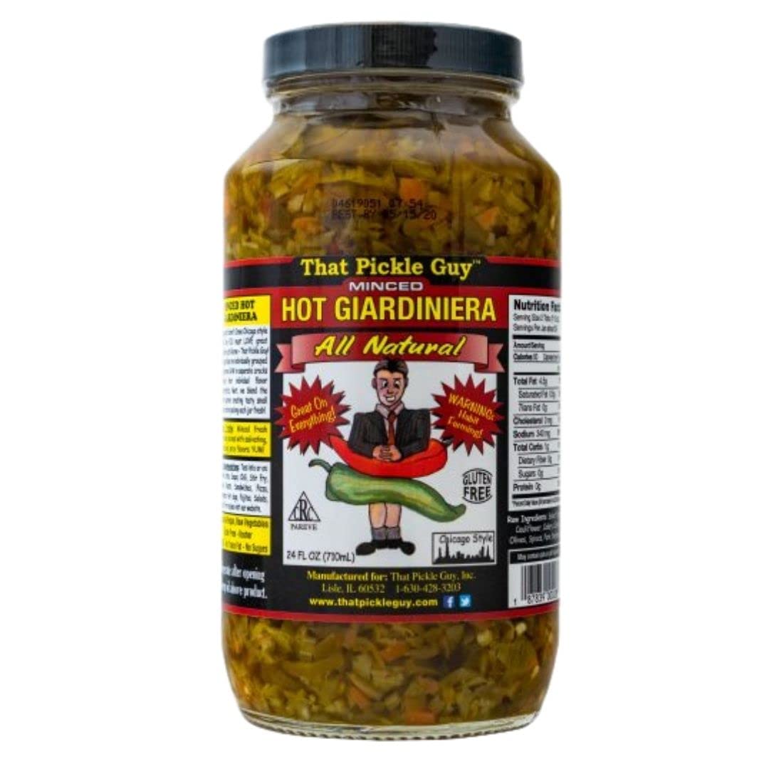 That Pickle Guy minced Chicago hot giardiniera jar adds crunchy heat to a sandwich