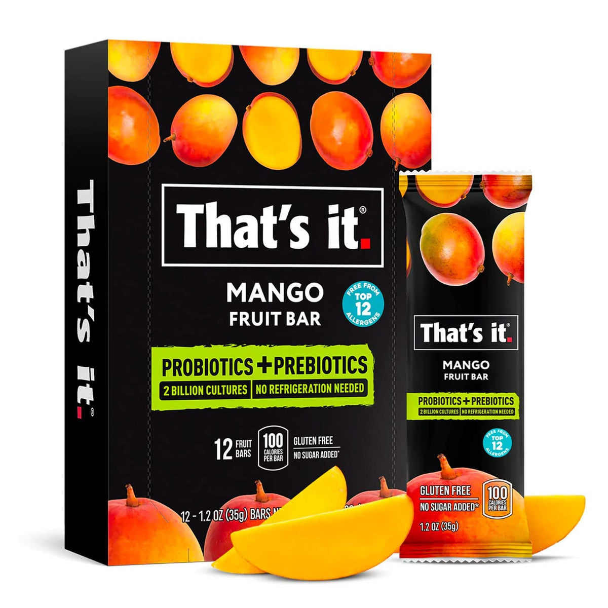That's it 12-pack Mango bars in box, convenient pantry snack with probiotics.