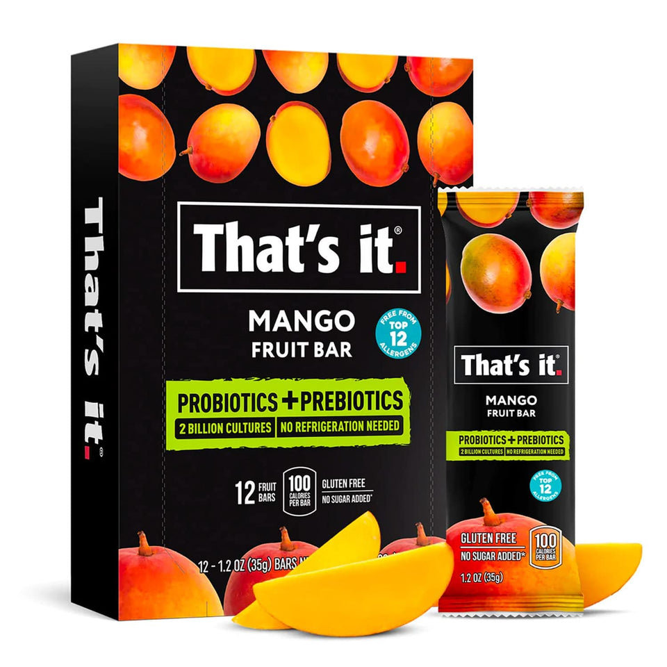 That's it 12-pack Mango bars in box, convenient pantry snack with probiotics.