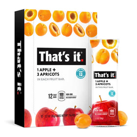 That's it Apple Apricot bar packaging displays a 12-pack, convenient real fruit delight