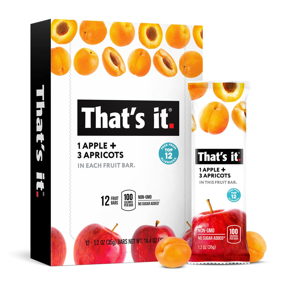 That's it Apple Apricot bar packaging displays a 12-pack, convenient real fruit delight
