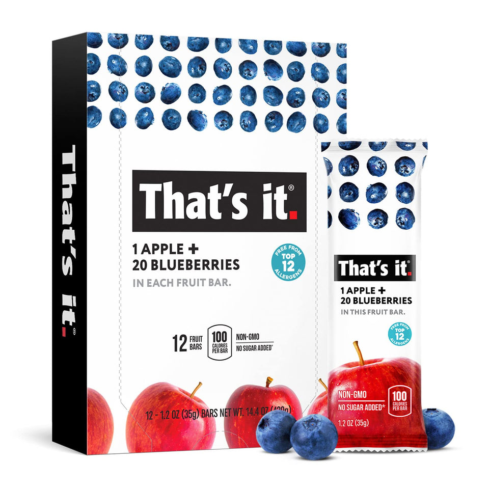 That's it apple blueberry bar pack shot highlighting a healthy, on-the-go snack.