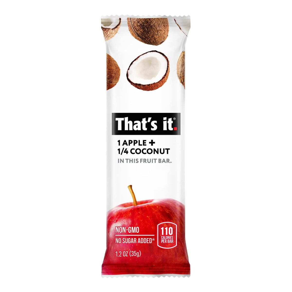 That's It apple-coconut-bar-ingredient-visual, highlighting two-ingredient simplicity for real fruit flavor.