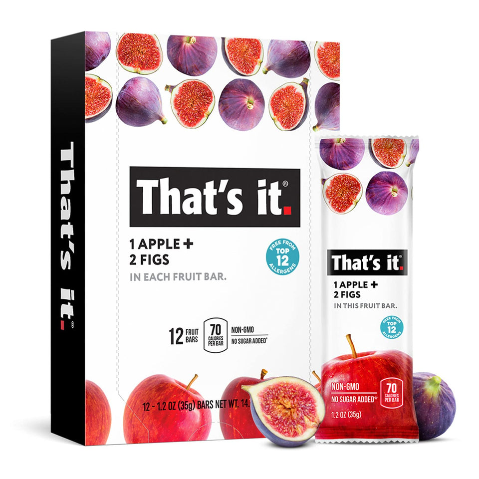 That's it Apple Fig Fruit Bar packaging—two real fruit servings for healthy on-the-go snacking