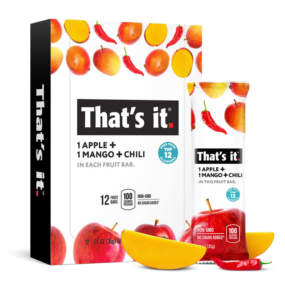 That's it Apple Mango Chili fruit bar packaging showing 12-pack display for convenient snacking.