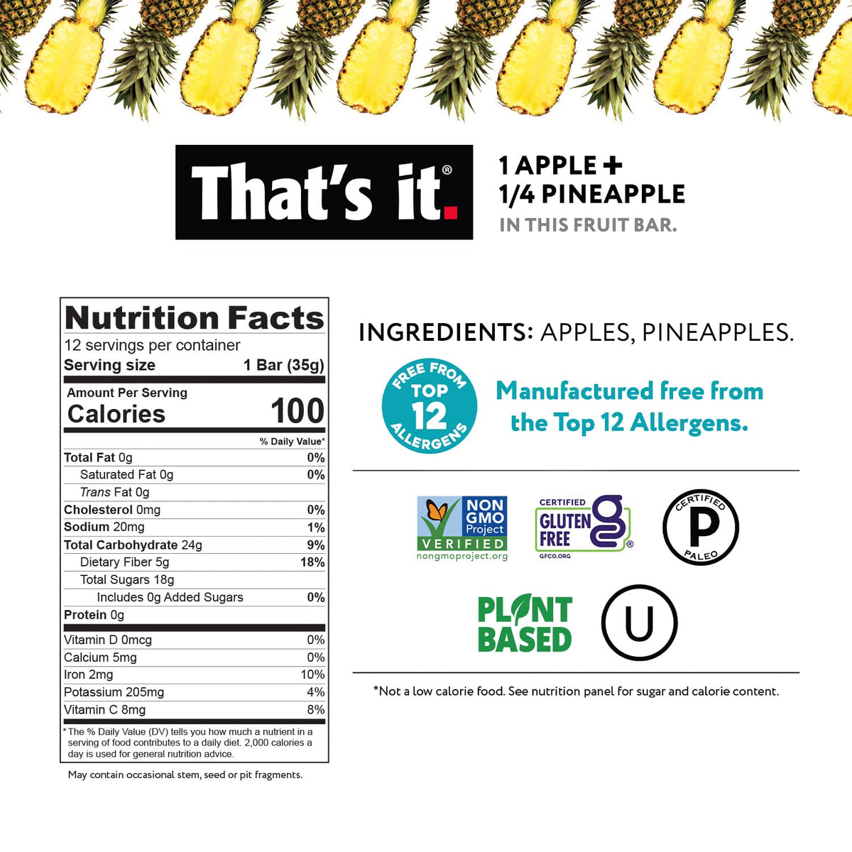 That's it Apple Pineapple bar label showing allergen-free, gluten-free, Paleo-friendly virtues.