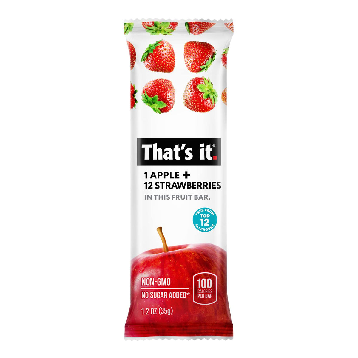 That's It Apple Strawberry Bar closeup highlights chewy texture and natural ingredients.