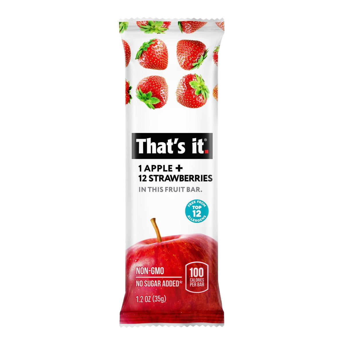 That's It Apple Strawberry Bar close-up shows chewy texture and vibrant fruit pieces.