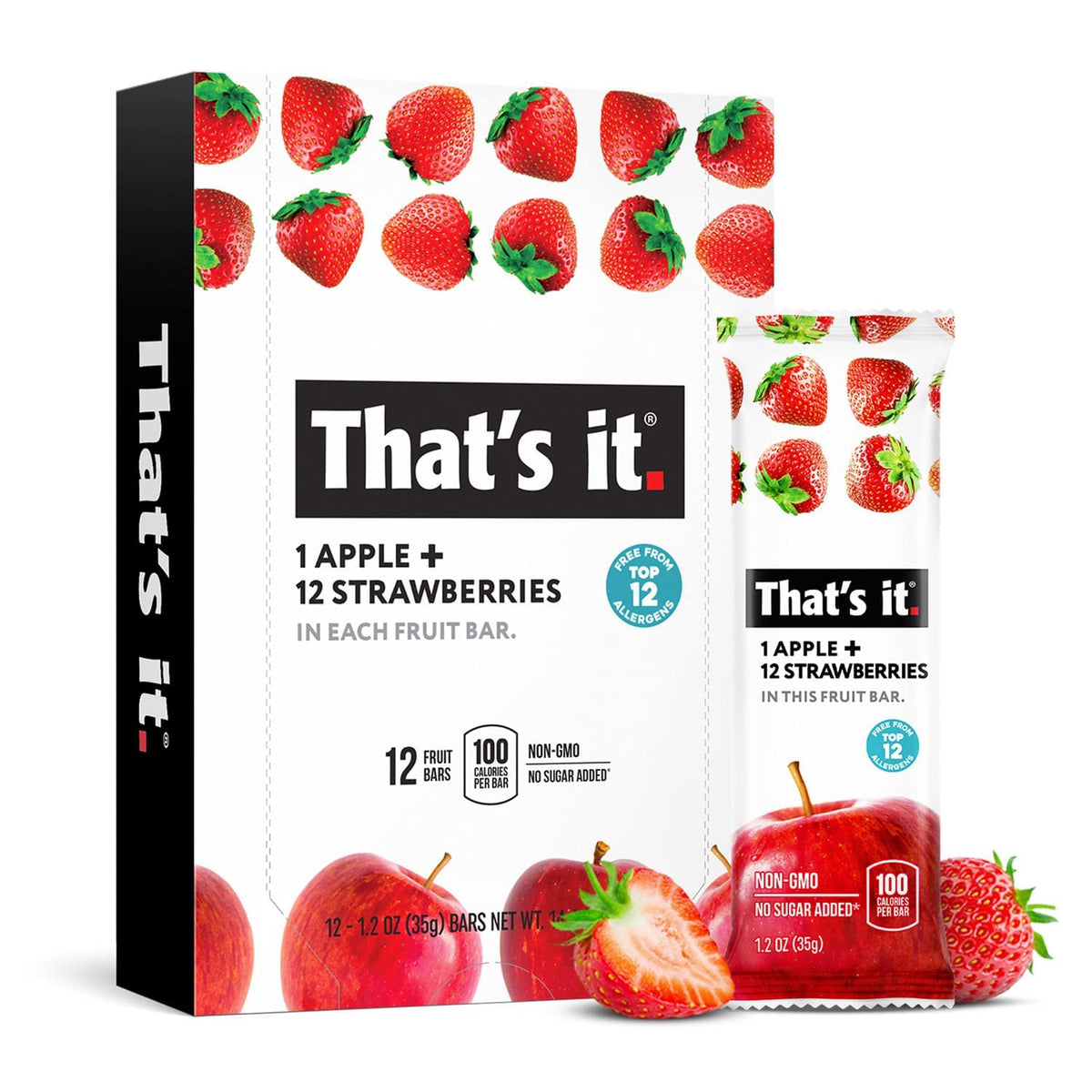 That's It Apple Strawberry Bar front-pack highlights real fruit servings for on-the-go snacking.