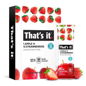 That's It Apple Strawberry Bar front-pack highlights real fruit servings for on-the-go snacking.