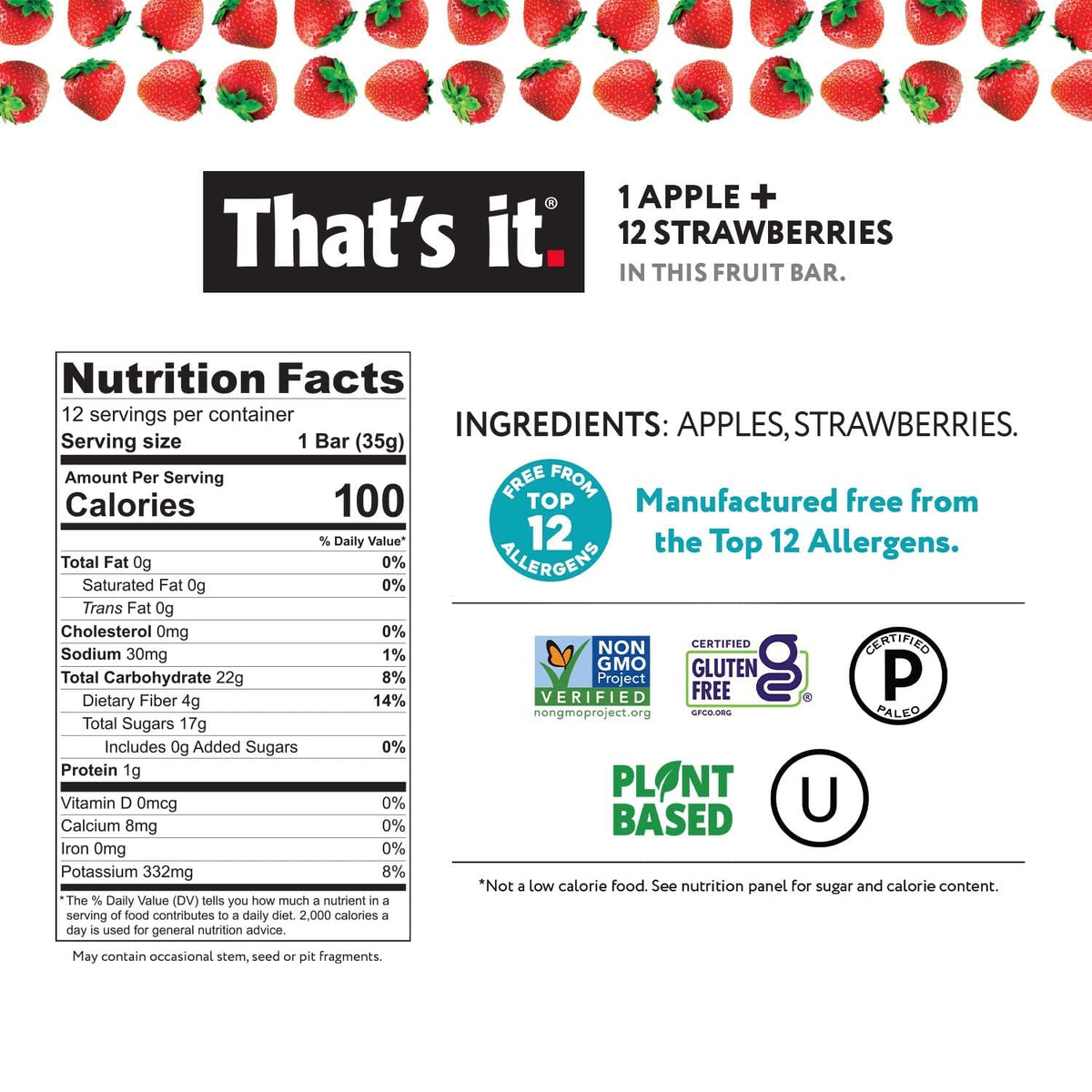 That's It Apple Strawberry Bar ingredients are nut-free and allergen-friendly.