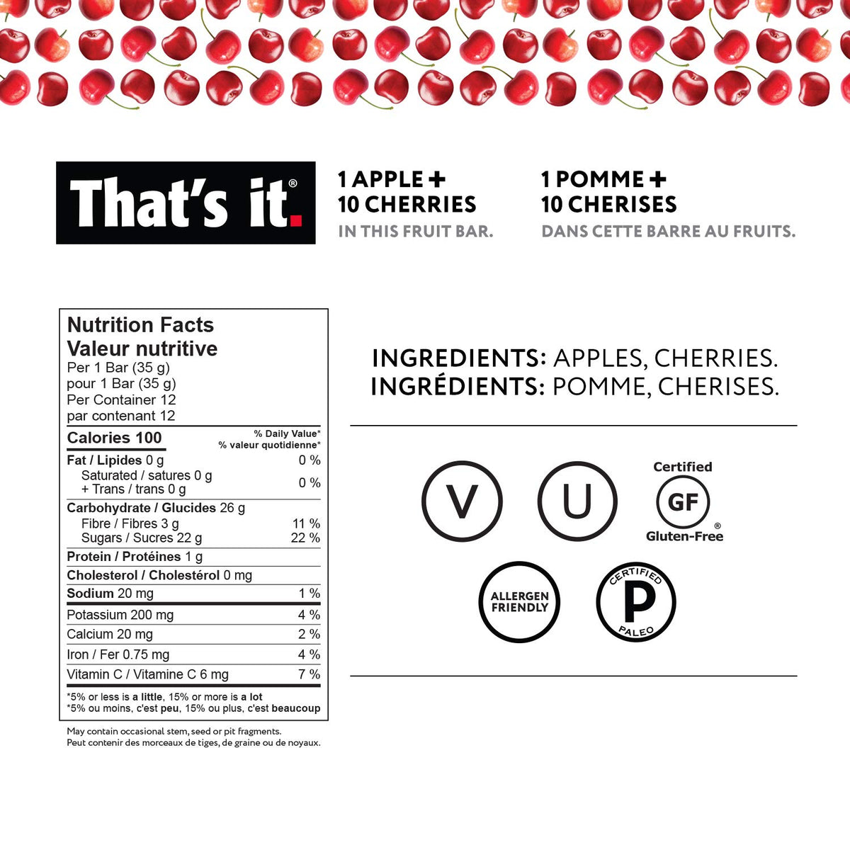 That's it apples cherry bar ingredients closeup, real fruit close-up