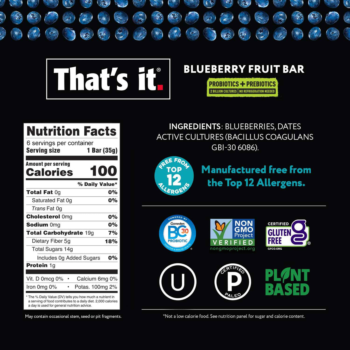 That's it Blueberry Bar nutrition label notes probiotic content and clean ingredients