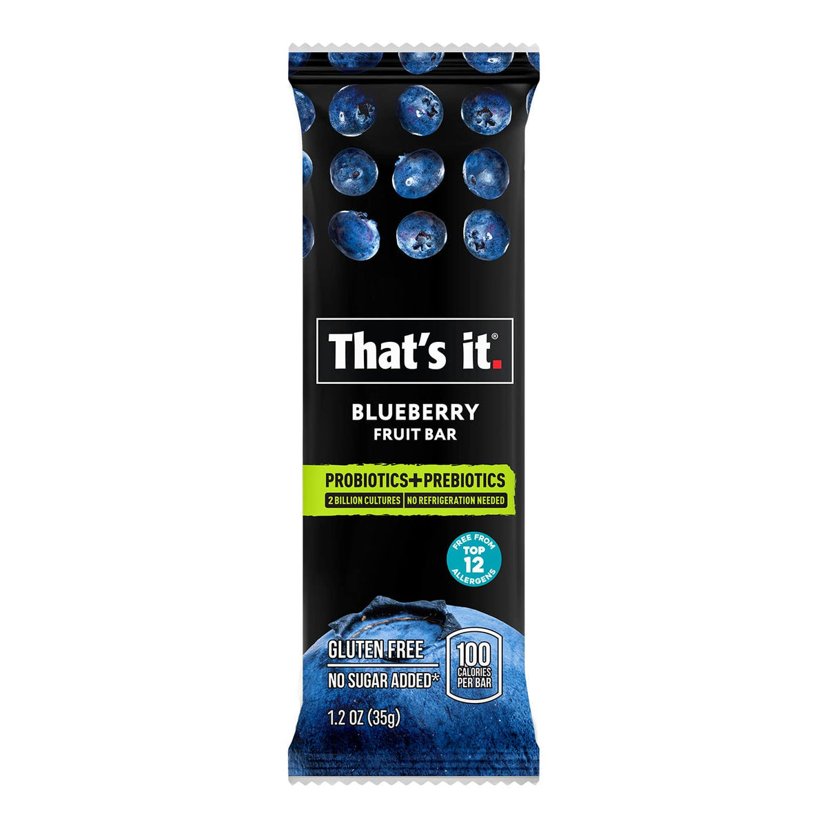 That's it Blueberry Bar packaging highlights real fruit and probiotic goodness in a shelf-stable format