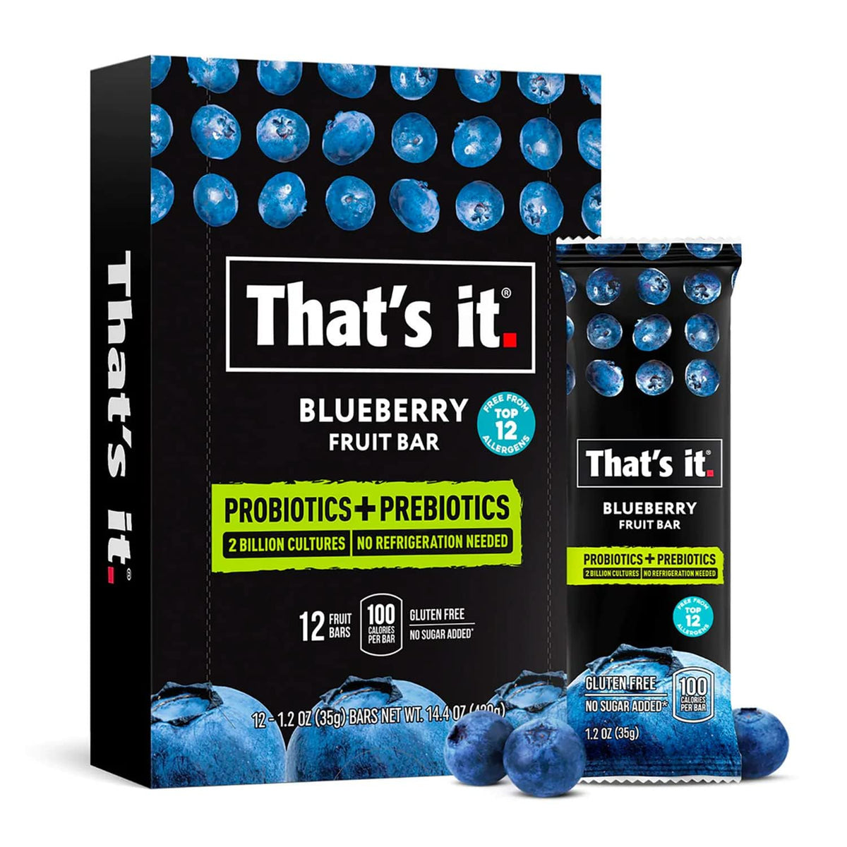 That's it Blueberry Probiotic Fruit Bar pack: shelf-stable, ready-to-eat snack.