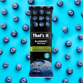 That's it Blueberry Probiotic Fruit Bar shelf life image communicates two-year shelf-stable option.