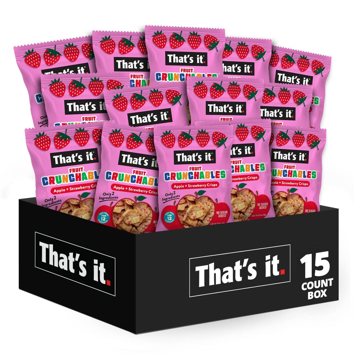 That's it Fruit Crunchables pouch showing apple and strawberry crisps for a kid-friendly, low-calorie snack.