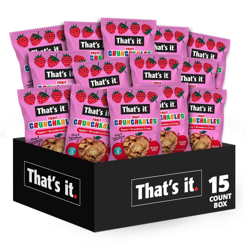 That's it Fruit Crunchables pouch showing apple and strawberry crisps for a kid-friendly, low-calorie snack.
