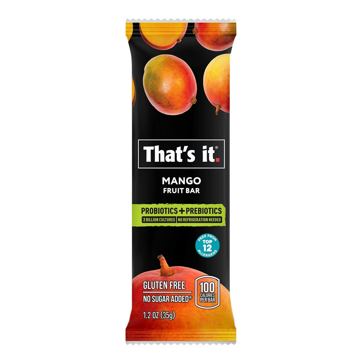 That's it Mango probiotic fruit bar close-up of ingredients, clean label and natural goodness.