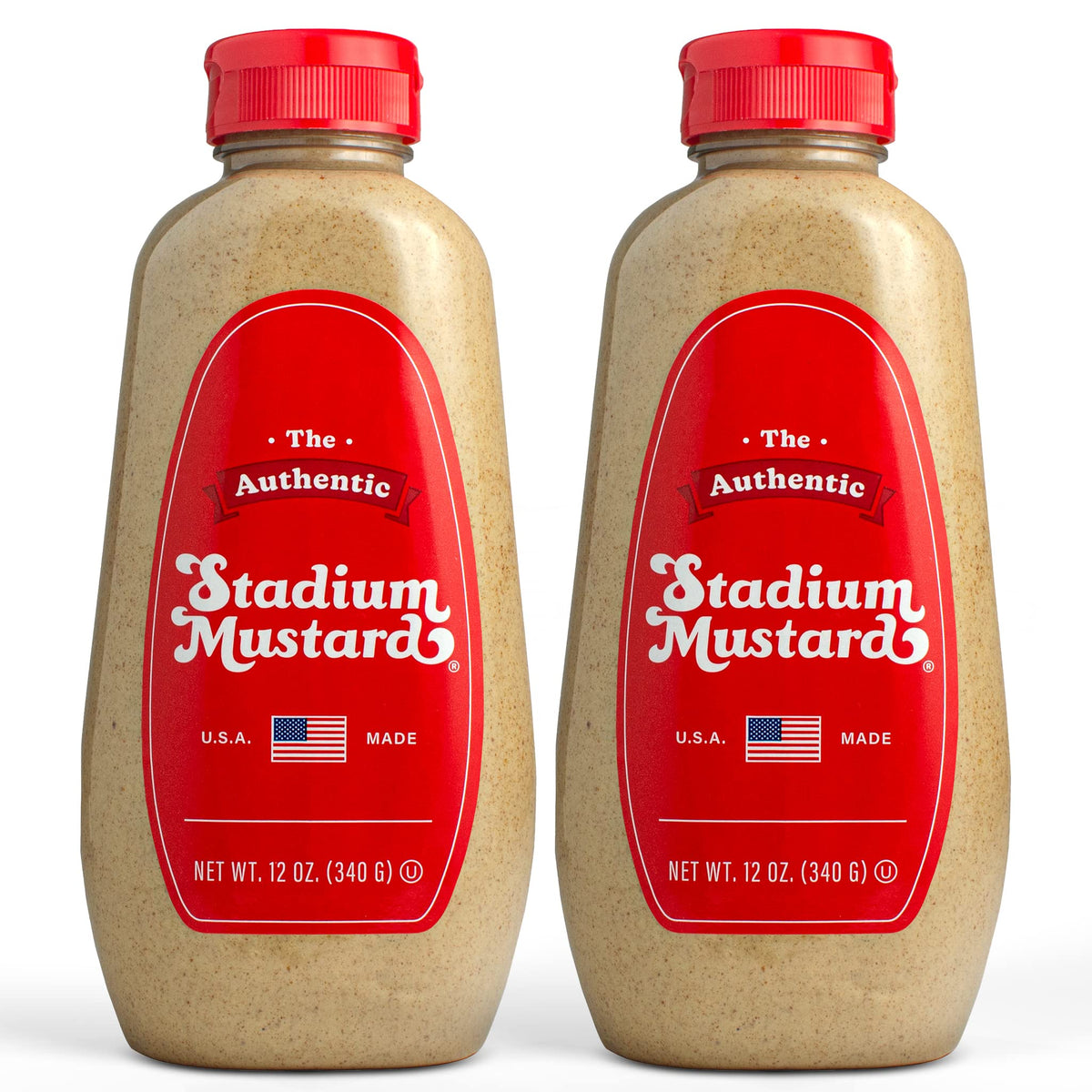 The Authentic Stadium Mustard bottle label showcases premium stone-ground seeds for bold, authentic flavor.