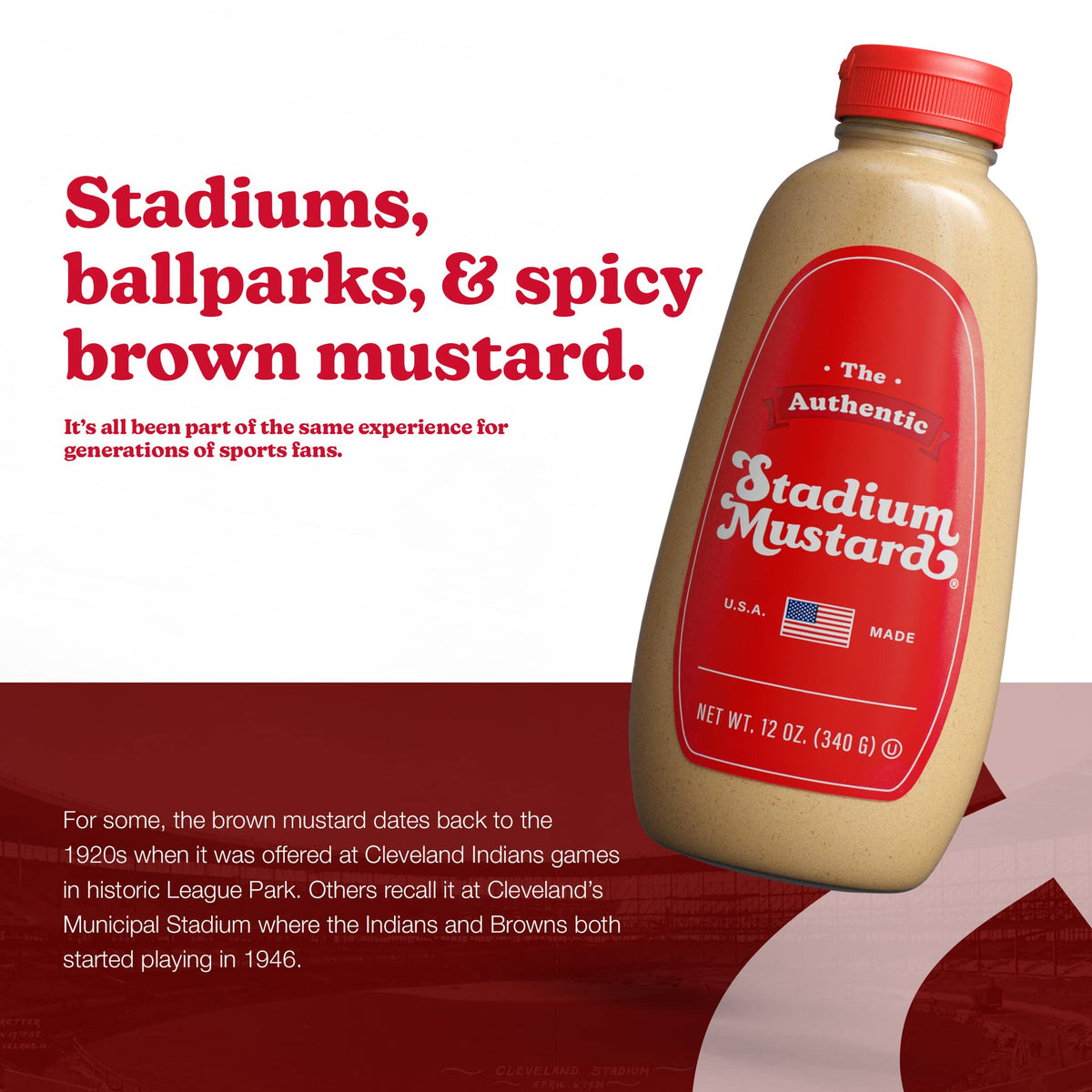 Pour shot of The Authentic Stadium Mustard for a zesty kick on hot dogs and burgers.