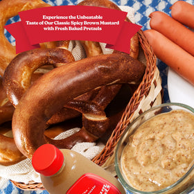 Creamy, smooth texture of The Authentic Stadium Mustard with stone-ground seeds.