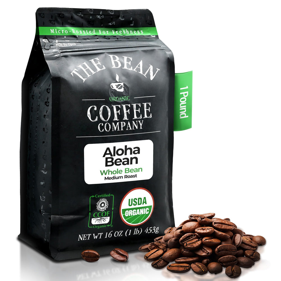 The Bean Aloha Bean Hawaiian Hazelnut bag shows rich aroma and organic sourcing.