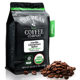 The Bean Coffee Company Holiday Bean Vanilla Cinnamon packaging front highlights a festive aroma