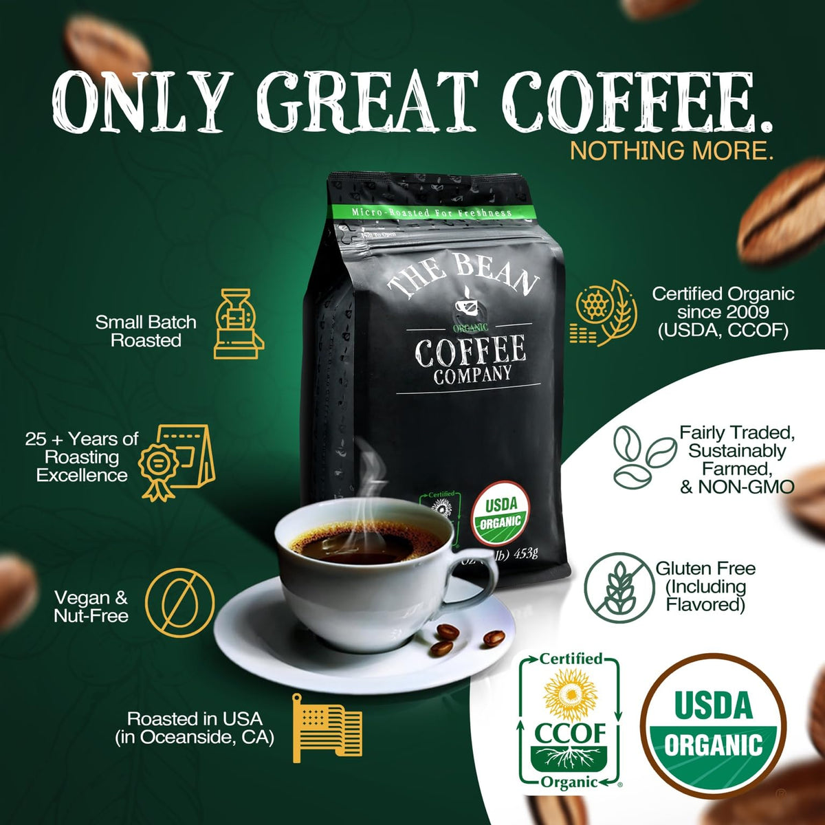 Organic coffee beans from The Bean Coffee Company with rich aroma